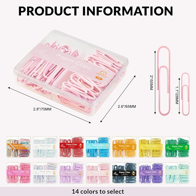 NEEWAY Colorful Paper Clips Assorted Sizes, Small and Large Paperclips, 210 Count, 3 Pack of 70 (Light Pink)