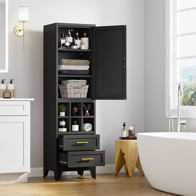 Ckzbx Tall Narrow Storage Cabinet, 66.93" H Tall Bathroom Cabinet Metal Pantry Cabinets with Drawers, 3 Adjustable Shelves, for Kitchen, Bathroom, Home Office, Living Room