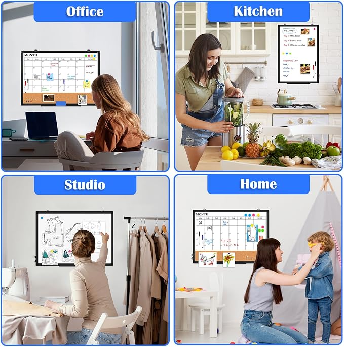 Calendar Whiteboard Dry Erase for Wall, 30" x 20" Month White Board Black | Double-Sided Magnetic, Calendar Cork Whiteboard Combo, Aluminium Frame, Bulletin Portable Board, Home Office School