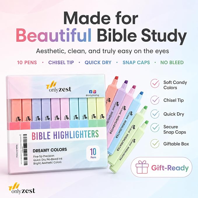 10 Aesthetic Bible Highlighters - Chisel Tip Liquid Ink Marker | Pen with Snap Caps for Clean Highlighting - Assorted Colors, No Bleed & Quick Dry - Bible Marker for Journaling & Studying