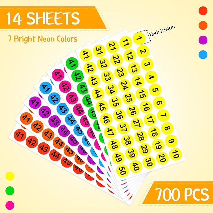 Clabby 700 Pcs Number Stickers 1-100 Consecutive 1 Inch Round,Multicolor | Self Adhesive Vinyl Labels for Inventory, Storage Bins, Office Filing, Warehouse Management, Color Coded Organization