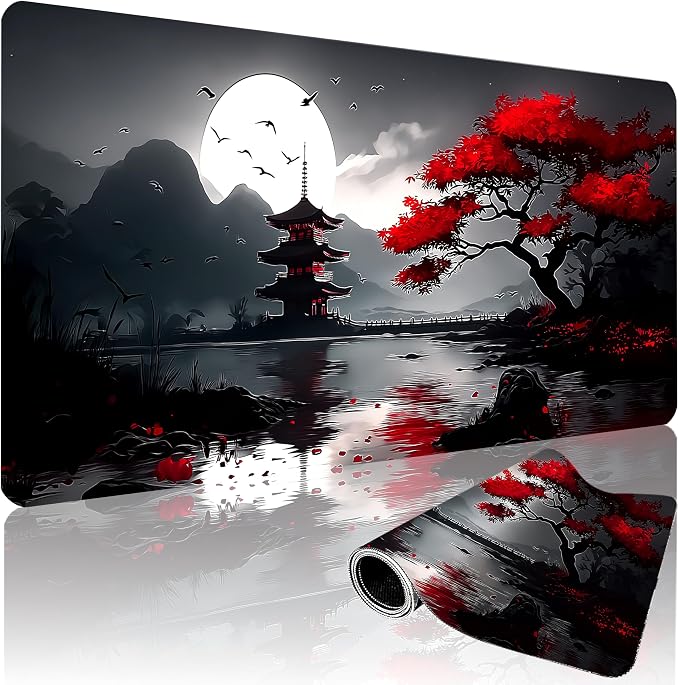 XXL Gaming Mouse Pad 35.4x15.7 Inch, Large Extended Desk Mat | Oriental Landscape Moon Design, Non-Slip Rubber Base, Water-Resistant Surface and Stitched Edges for Gaming, Office & Home