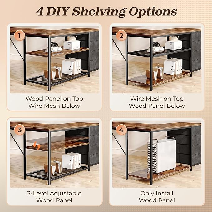 61" L Shaped Desk with Power Outlets & 4 Drawers | Reversible Computer Desk with 2 Storage Shelves, Large Corner Office Desk for Gaming Writing Work Study, Rustic Brown