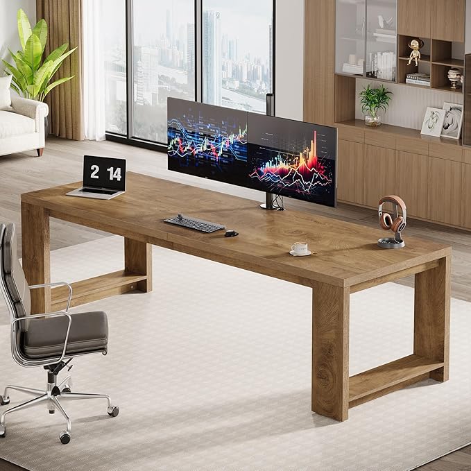 Tribesigns Two Person Desk Set of 2, 86.6-Inch Extra Long Wood Desk, Double Computer Writing Table, Wood Large Workstation for Home Office, Wood Color
