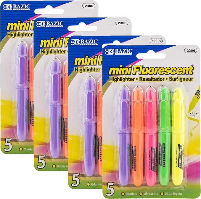 BAZIC PRODUCTS Mini Highlighter – Assorted Color Chisel Tip Highlighter Set, Desk Style Highlighter Pen for Office, School, and Study Use, Smooth Marking, (5/Pack), 4-Packs