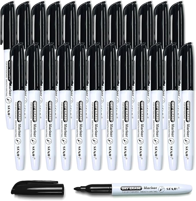 SFAIH Black Dry Erase Markers Fine Tip - 24 Pack Whiteboard Markers For High-Volume Offices, Schools, Conference Rooms | Bulk Pack of Low-Odor