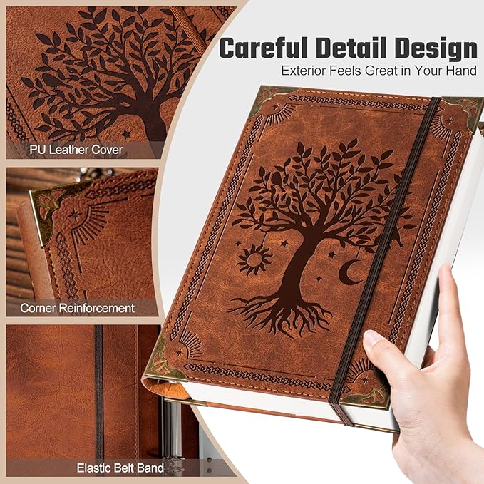 PU Leather A5 Binder 6 Ring Refillable Journal Cover No Refill Paper A5 Planner Binder Loose Leaf Binder for Notebook 5.7”x8.3” with Elastic Closure, Brown Tree