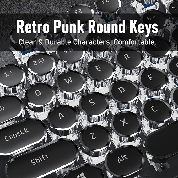 SEUNKWANG Typewriter Style Mechanical Gaming Keyboard with White Backlit, Wired Retro Punk Computer Keyboard Durable Metal Panel, Clicky Blue Switch, Round Keycaps, Full-size for PC/Desktop/Win, Black