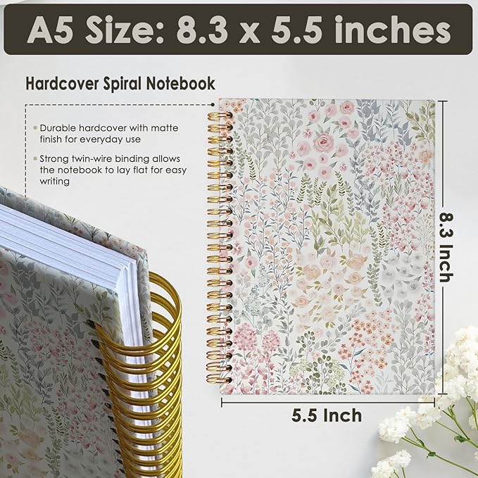 Cute Notebook, Aesthetic Spiral Notebook Journal for Women | Floral Pastel Pretty Hardcover Spiral Notebook for School, Pink Journal for Teen Girls Nurses Teacher 5.5x8.3
