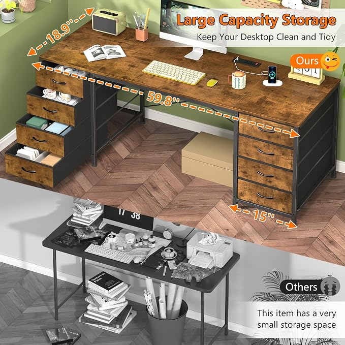 60 Inch Computer Desk with 8 Drawers for Home Office, Bedroom, Living Room | Home Office Desk with Power Outlets, Work Study Gaming Desk with 8 Fabric Drawers, White
