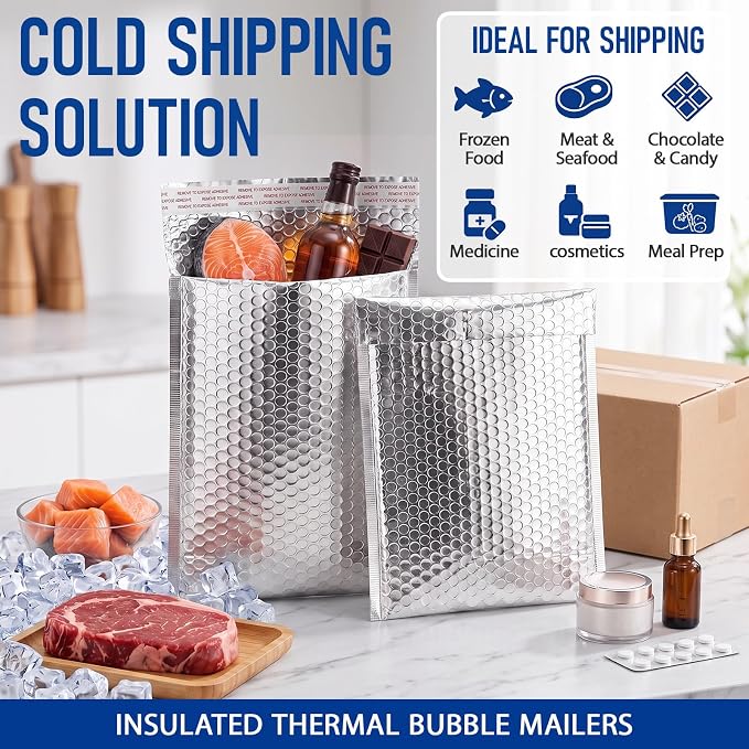 10 Pack 8 x 11 Inch Insulated Bubble Mailers, Silver | Self Adhesive Closure, Foil Lined Interior, Padded Cushioning, Waterproof, Cold Delivery Packing, for Food and Cosmetics