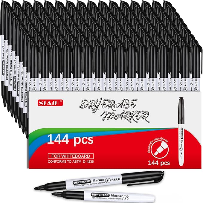 SFAIH Fine Tip Dry Erase Markers - 144 Pack Black Whiteboard Markers for Large Facilities, Low-Odor White Board Markers Bulk Institutional Pack, Non-Toxic Easy Clean