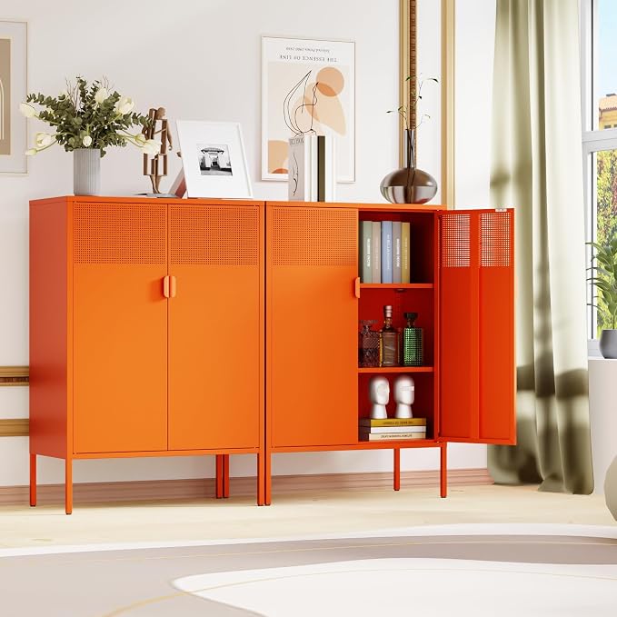 Chshin Metal Storage Cabinet,Kitchen Pantry Storage Cabinet,Metal Sideboard with 2 Doors and 2 Adjustable Shelves,Orange Locker Cabinet for Home,Bathroom,Hallway,Office,Dining Room