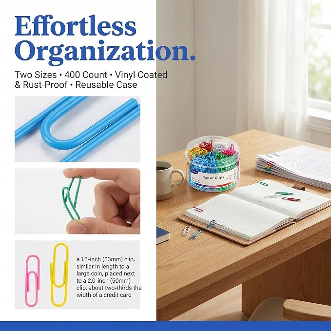 Paper Clips, Assorted Sizes (1.3 & 2 Inch), Colored, 400PCS | Vinyl Coated, Rust Proof, Jumbo & Small Paperclips, Storage Box Included