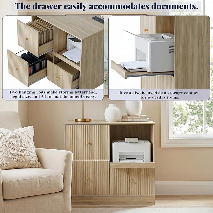 DNYN 3 Drawers Wood File Cabinet with Charging Station and Printer Stand | Vintage Fluted Lateral Filing Cabinet| For Home Office| Anti-Tipping| Fits for A4/Letter-Size Files| Pull-out Shelf