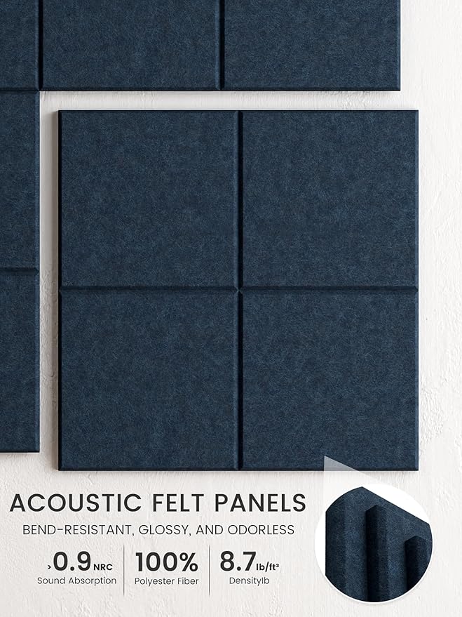 Bumusty Large Felt Bulletin Board, 36" x 24" Cork Board Alternative, 6-Pack Wall Tiles with 4-Compartment Design, 30 Push Pins, 40 Adhesive Tabs, Ideal for Office & Home Decor, Navy Blue