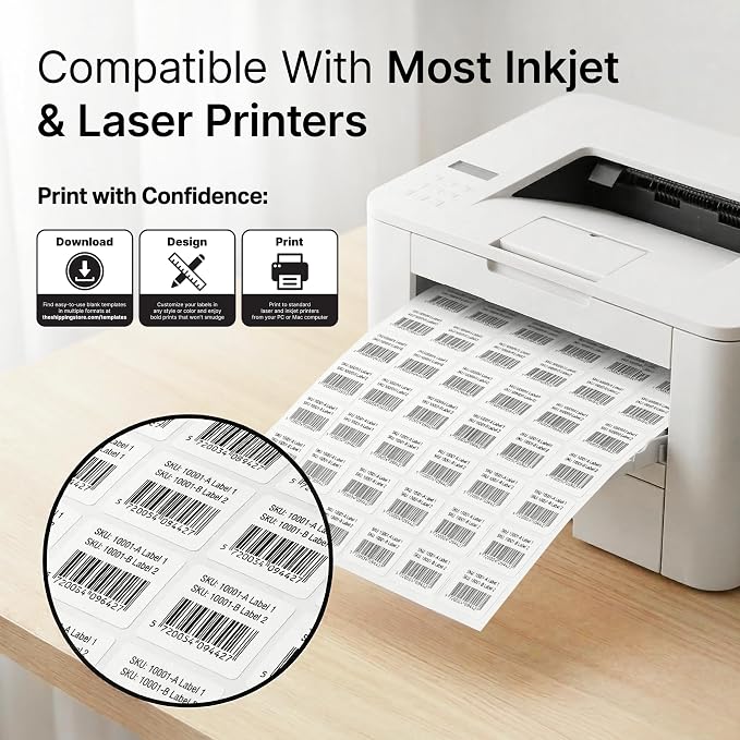 1" X 1" Matte White Printable Labels (500 Sheets, 31500 Stickers) | Custom Stickers, Logo and Barcode Stickers for Laser & Inkjet Printers - Spartan Industrial Template S001