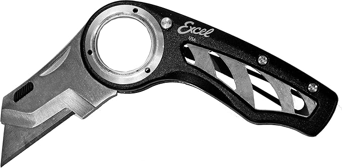 Excel Blades Revo Folding Utility Knife – Heavy-Duty Box Cutter with Aluminum Body, Quick-Change #92 Blades, 3 Lock Positions Design, Anti-Slip Finger Loop Grip, Holster Included – Black