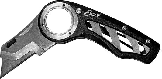 Excel Blades Revo Folding Utility Knife – Heavy-Duty Box Cutter with Aluminum Body, Quick-Change #92 Blades, 3 Lock Positions Design, Anti-Slip Finger Loop Grip, Holster Included – Black