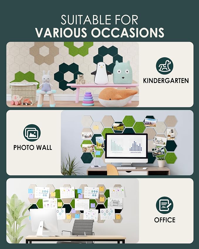 MaxGear Hexagon Bulletin Board, Small Cork Board Office Decor Gradual Green | Cork Boards For Walls Alternative, 8Pcs Felt Wall Panels, Vision Board Pictrure Room Wall Decor With Push Pins