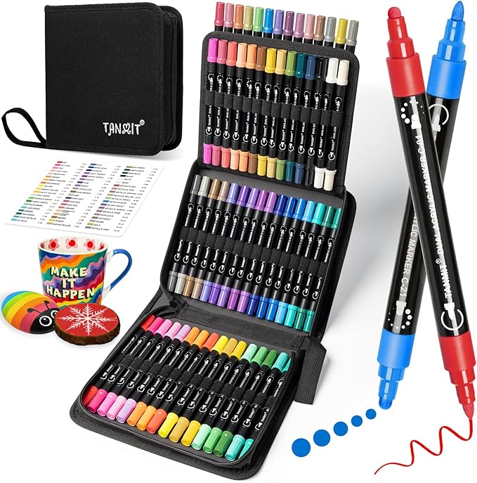 TANMIT Acrylic Paint Pens Markers, 60 Colors Dual Tip Acrylic Paint Pens for Rock Painting, Wood, Canvas, Stone, Glass, Ceramic Surfaces, DIY Crafts Making Art Supplies (Round Tip and Fine Tip)