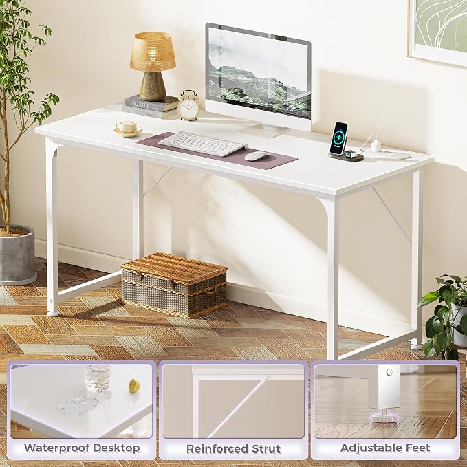 55 X 20 Inch Computer Desk, Power Outlets, USB-C, White | Office Desk with 4 AC Outlets, USB & USB-C, Sturdy Metal Frame, Spacious Desktop for Work, Writing, Study & Gaming
