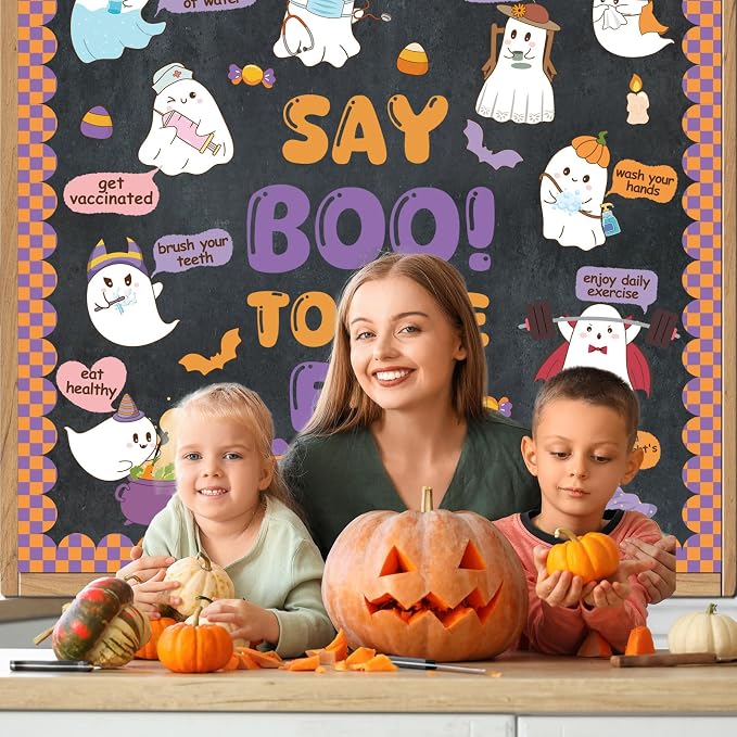 Wxiben Halloween Ghost School Nurse Bulletin Board Classroom Decorations | Pumpkin Bat Paper Cutouts Set for School Chalkboard, Pastel Office Wall Decor Supplies