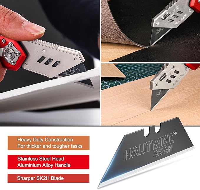 HAUTMEC Folding Utility Knife with 10-Pack SK2H Blades, Heavy-Duty Aluminum Alloy Box Cutter with Belt Clip, Carabiner, Quick-Change Blades & Safety Lock – HT0263