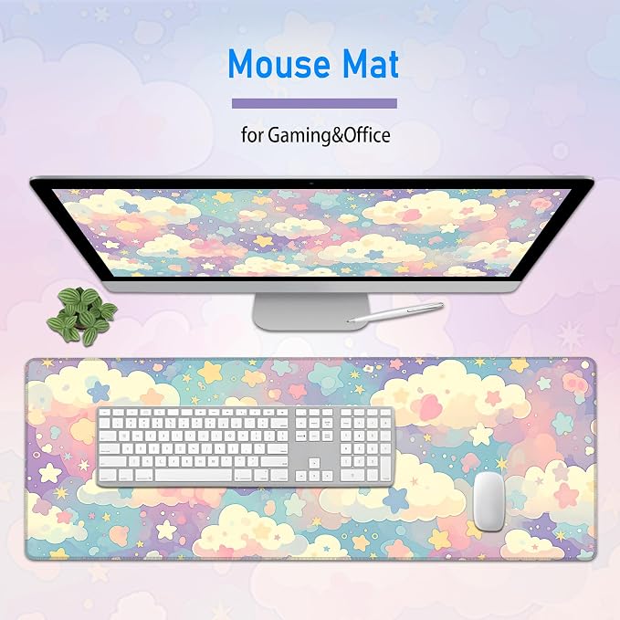 Cute Large Mousepad,Colorful Clouds and Stars Mouse Mat,31.5 x 12 in | Extended Pastel Pink Kawaii Women Office Desk Decor Mat,Girly Dreamy Mouse Pad for Work Game Office and Home,80x30 cm