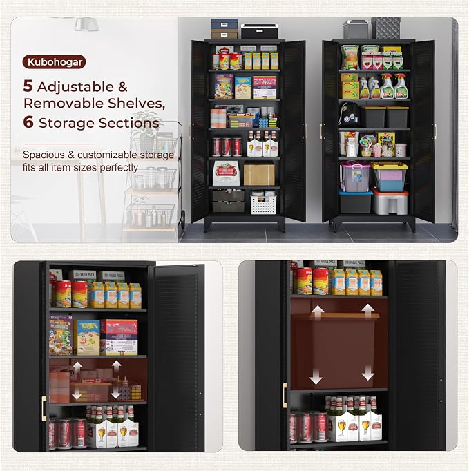 75" Tall Kitchen Pantry Cabinet, Metal Storage Cabinet with Doors | Kitchen Cabinet with 5 Adjustable Shelves, Black Cupboard for Kitchen, Dining Room, Living Room, Bathroom, Garage and Office