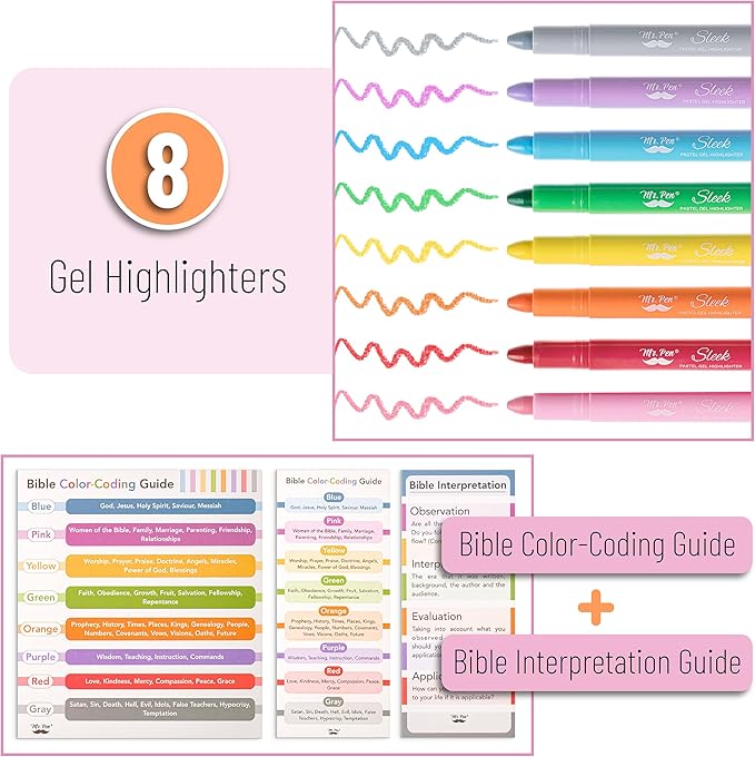 Mr. Pen- Gel Highlighters, 8 Pack Assorted Colors, Bible Highlighters No Bleed with Bible Color Coding and Interpretation Guide