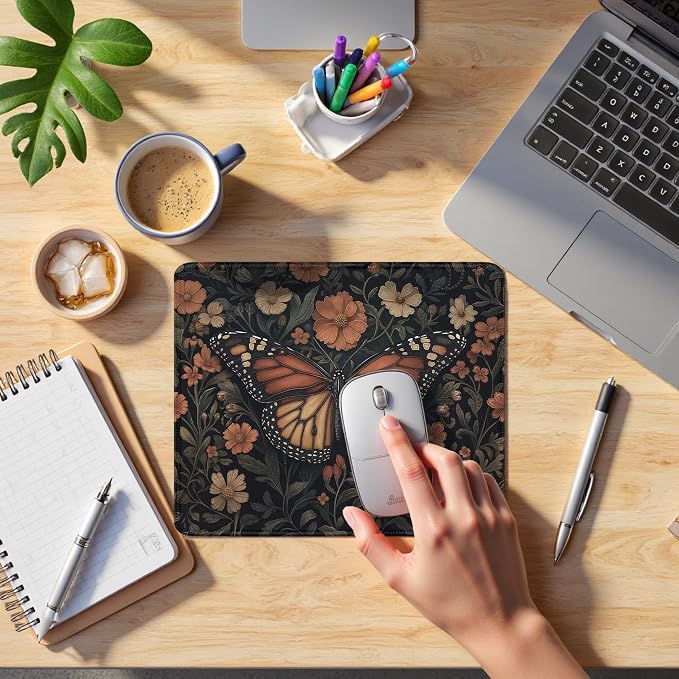 Moody Floral Butterfly Mouse Pad, Dark Contemporary Botanical Butterfly Mouse Pads Mousepad for Desk Home Office Dorm Laptop, Gothic Nature Desk Accessories, 9.5x7.9 Inch