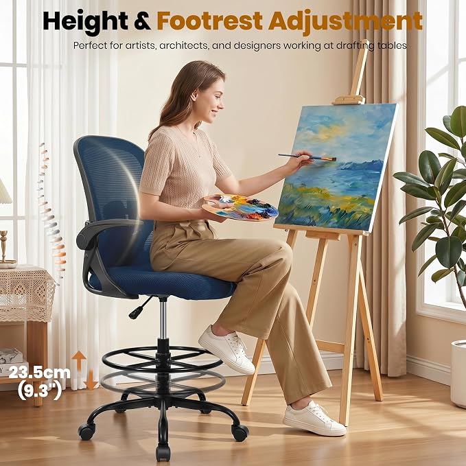 Drafting Chair Tall Office Chair with Flip-up Armrests Executive Ergonomic Computer Standing Desk Chair with Lumbar Support and Adjustable Footrest Ring (Navy)