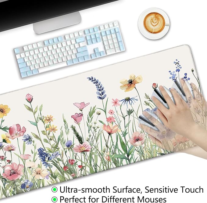 LIMKRIAN Flower Mouse Pad Large Desk Mat for Keyboard Mouse, 31.5x11.8 in | Stitched Edges, Non-Slip, XL Computer Mousepad For Desktop Laptop Gaming, Cute Floral Office Supplies Desk Accessories Decor