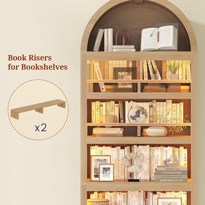 79.4" Tall Arched Cabinet,Bookcase with Storage,Mid-Century Modern 7-Tier Bookshelf with RGB Light,2 Book Risers,Adjustable Shelf offering More Space for Living Room,Kitchen,Home Office(Oak)