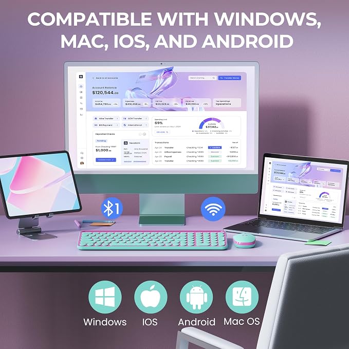 seenda CTU-301 Bluetooth Keyboard and Mouse Combo for iPad,Green&Pink | Bluetooth+2.4G combo with tablet holder, full-size keys and quiet clicks for iPad, iPhone, Mac, Windows and Android.
