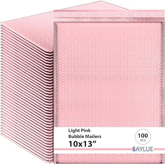 Light Pink 10x13 Inch Poly Bubble Mailers |Self Seal Padded Envelopes for Thick books | Cushioned Bubble Mailer | Usable Size 9.5x13 Inch | Waterproof Lightweight Mailing Shipping Bags | 100 Pack Bulk