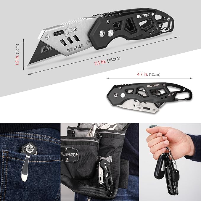 HAUTMEC Folding Utility Knife with 10-Pack SK2H Blades, Heavy-Duty Aluminum Box Cutter with Belt Clip, Quick-Change Blades, Safety Lock & Carabiner – HTUCH25002