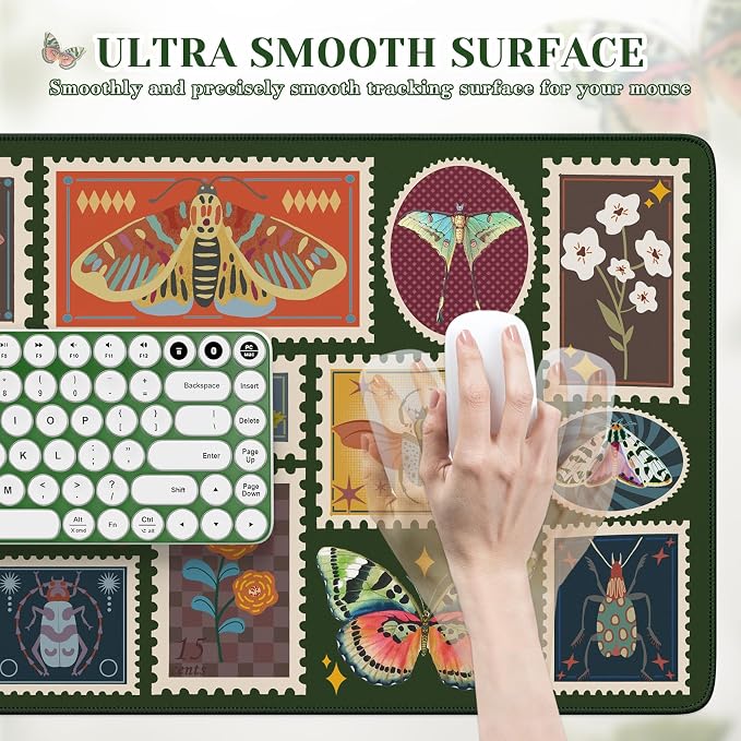 iCasso Vintage Desk Cover Mat, XXL Large Butterfly Mouse Pad, Olive Green | Desk Matt for Desktop Protector, Anti-Slip Mousepad with Stitched Edges for Laptop Computer Keyboard