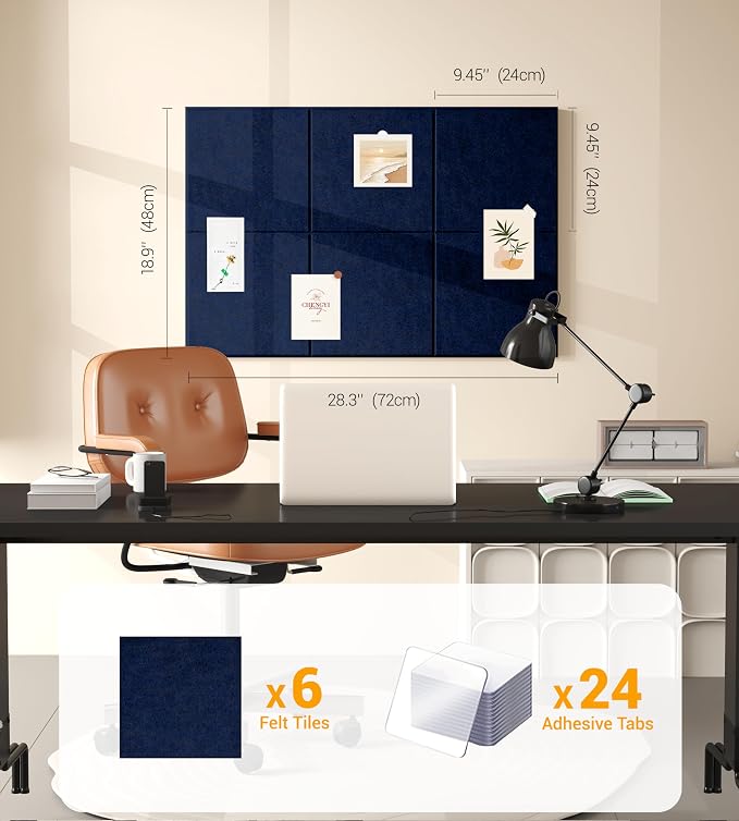 28" x 18" Felt Bulletin Board Tiles 1/2" Thick, Dark Blue | 6 Pack Felt Tiles, Large Cork Board Alternative, 30 Adhesive Tabs, Pin Board for Home Office Decor with Easy Install