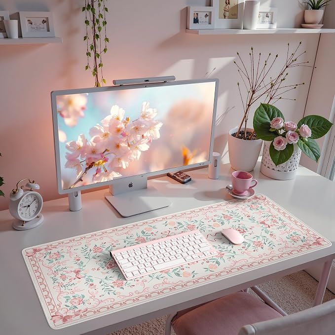 iCasso Aesthetic Desk Mat for Desktop,Cute Desk Pad for Women,Pink | Girly Bow Mouse Pad with Stitched Edges,Non-Slip Large Computer Mat for Home Office Study Gaming