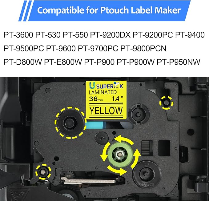 5 Pack TZe-661 36mm Label Tape Compatible for Brother P-Touch TZe TZ Tape 36mm 1.4'' Laminated Yellow TZe661 TZ-661 Black on Yellow 1-1/2'' for Ptouch Label Maker PT-P910BT P900W P950W