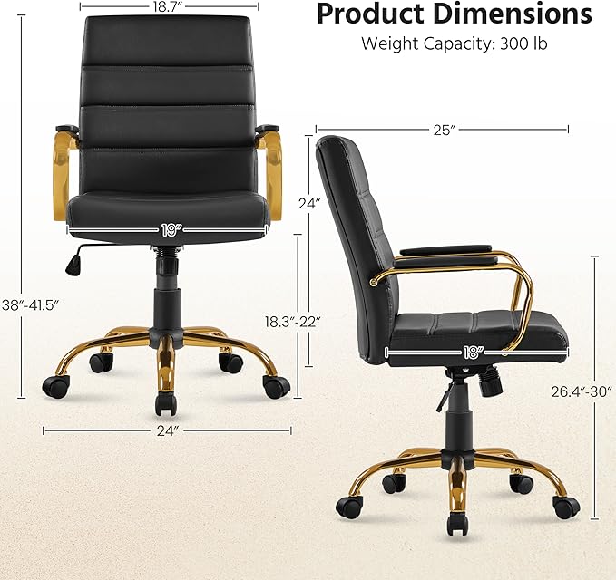 Yaheetech Mid-Back Office Chair PU Leather Desk Chair Adjustable Executive Task Chair w/Lumber Support Gold Leg Black Seat