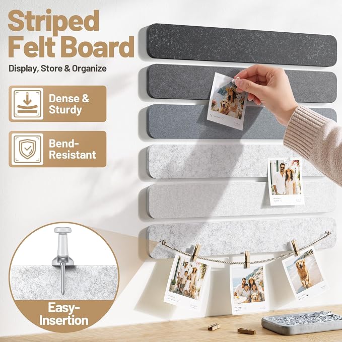 10 Pack 13"x2" Cork Board Strip with Removable Adhesive Squares & Push Pins | Pin Board Alternative Felt Strip Bulletin Board, Felt Board for Photo & Note Display, Home Office Decor - Urban Slate