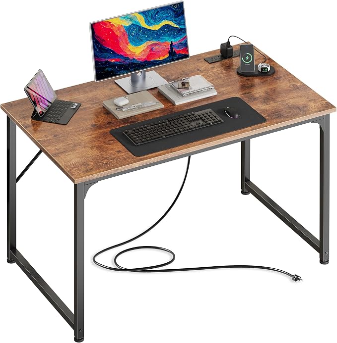 40 X 24 Inch Deeper Desk with Power Outlets | Small Computer Desk for Bedroom, Office Desk for Work from Home, Writing Study Gaming Table, Stable Metal Frame, Rustic Brown