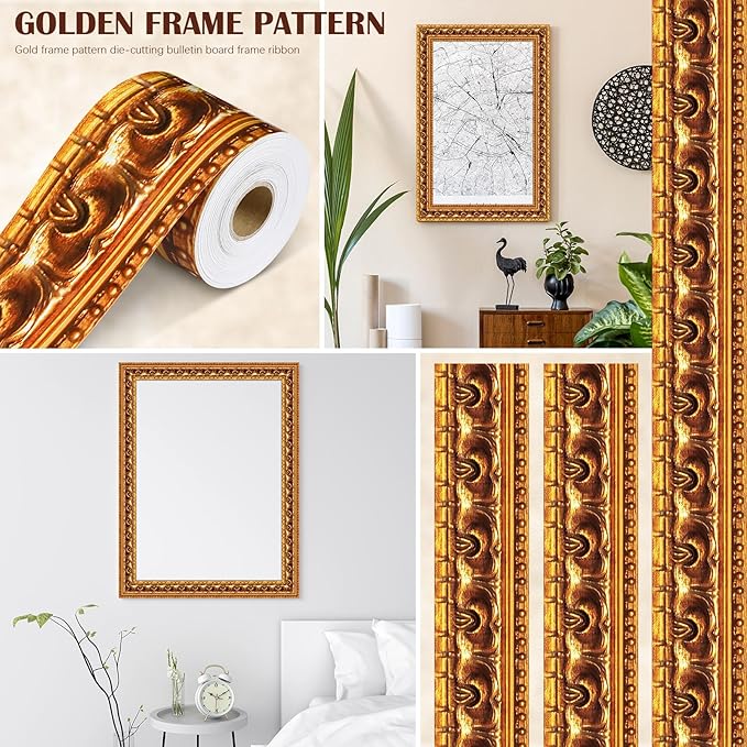 Outus 68FT Gold Frame Bulletin Board Border Die-Cut Straight Border Trim for Classroom Chalkboard, Picture Frames, Artworks, Walls, Mirrors & Office Decor, Classic Metallic Frame Molding(Funky)