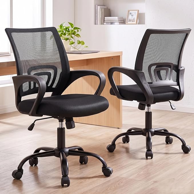 DUMOS Ergonomic Office Chair, Mid-Back Executive Desk Chair 2 Pack | Comfortable Lumbar Support, Breathable Backrest, Fixed Armrest, Height Adjustable, 360° Swivel, Computer Gaming, Black