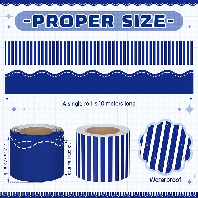 2 Rolls 65.6ft Navy Blue Striped Bulletin Board Borders Decoration Scalloped and Straight Edge Blue Bulletin Borders Board Trim for Office School Classroom Chalkboard Party Decoration