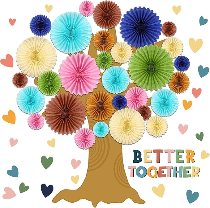 62 Pcs Boho Tree Bulletin Board Set for Spring Classroom 3D Tree Bulletin Board DIY Paper Fans Heart Cutouts Better Together Wall Decor for Home School Classroom Teacher Chalkboards Supplies