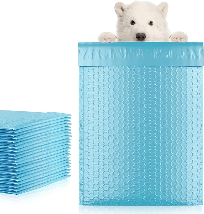 Poly Bubble Mailers, 10.5 x 16 Inch Light Blue Padded Mailers, Self Seal Shipping Envelopes, Lightweight Poly Mailer Bags, Waterproof Mailing Bags, Pack of 100